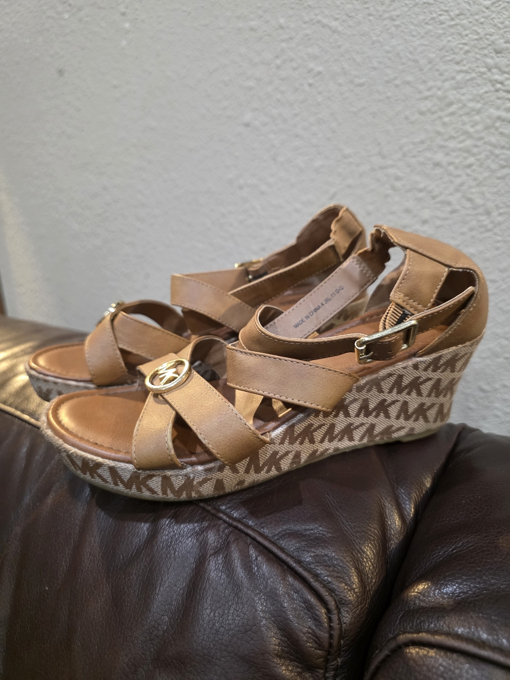 Michael Kors Cognac Leather Logo-Trim Wedge Sandals